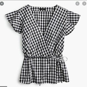 JCrew Gingham Flutter Sleeve Tie Waist Blouse 2 Small Black White Peplum Plaid